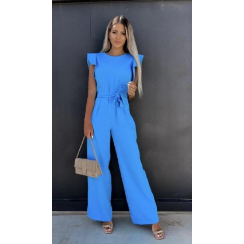 Damen Jumpsuit Elegant Weitbeinig Rüschen Ärmel