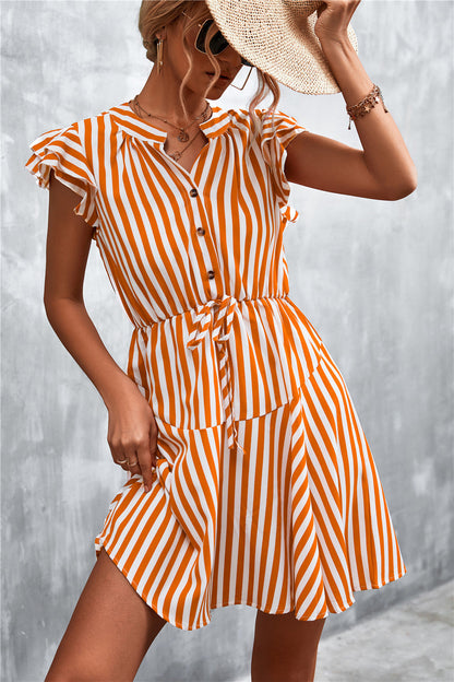 Damen Sommerkleid Streifenmuster Elegant Rüschen