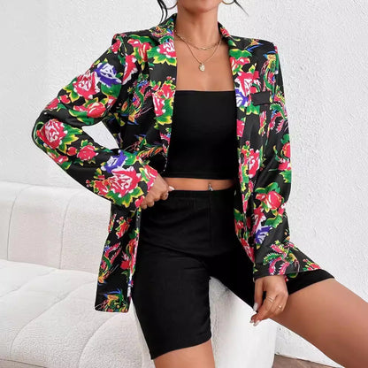 Eleganter Blazer Slim Fit Blumenmuster Weich Glänzend - IdealeKleiden