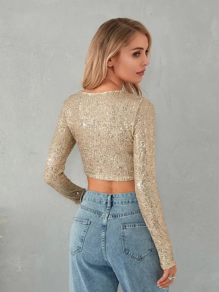 Damen Glitzer Top Langarm mit Pailletten Elegant Abendkleid