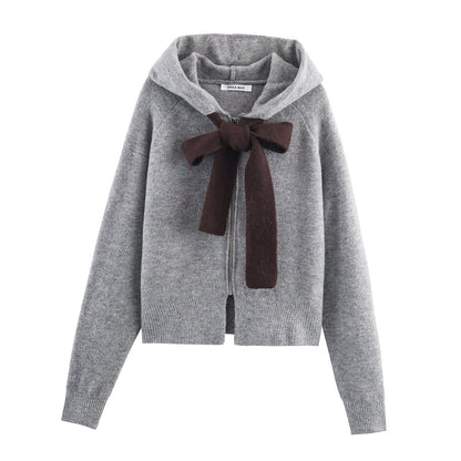 Damen Strickjacke Kapuze Schleifenverschluss Elegantes Design
