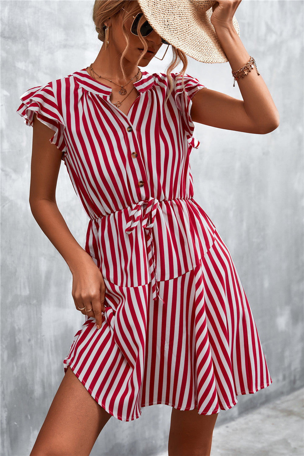 Damen Sommerkleid Streifenmuster Elegant Rüschen