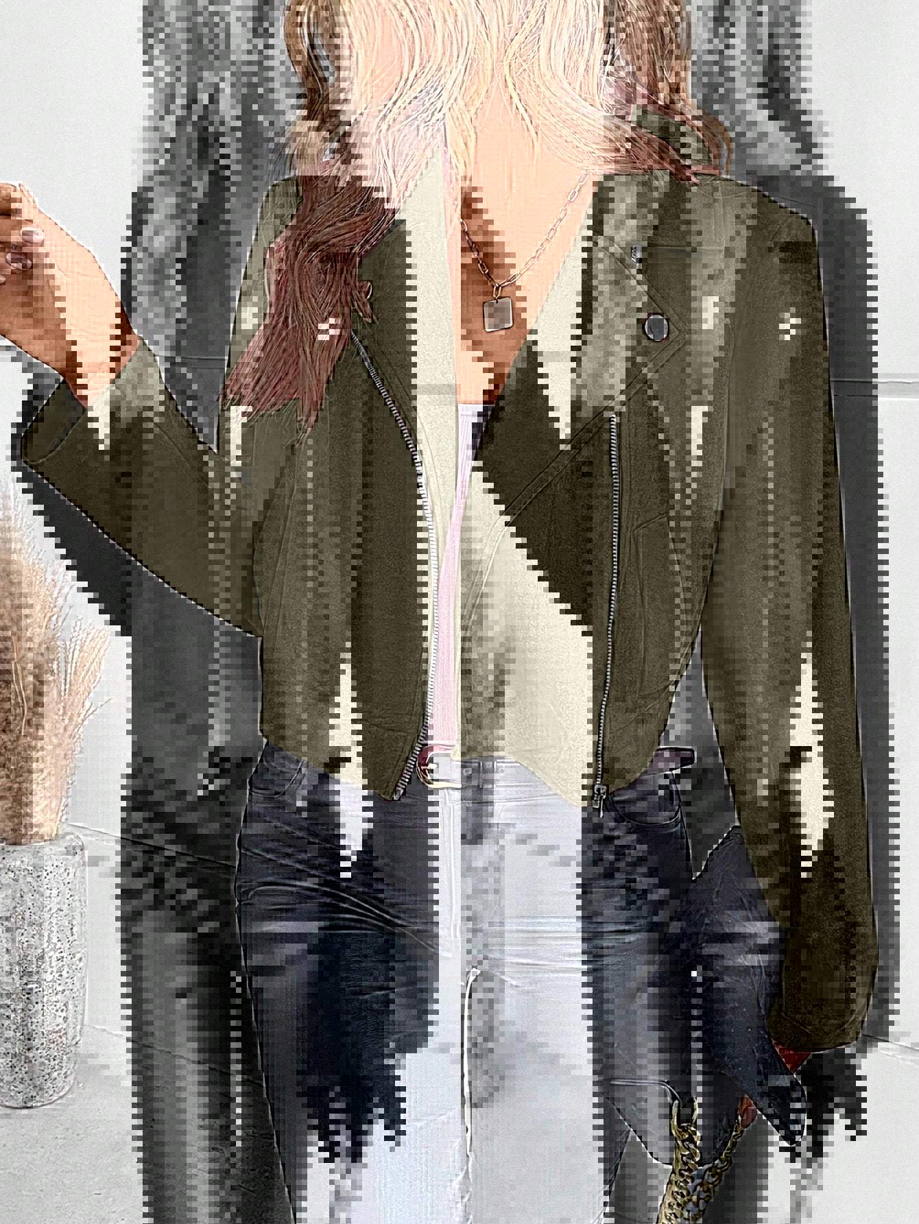 Damen Lederjacke Bikerstil Asymmetrisch Elegant