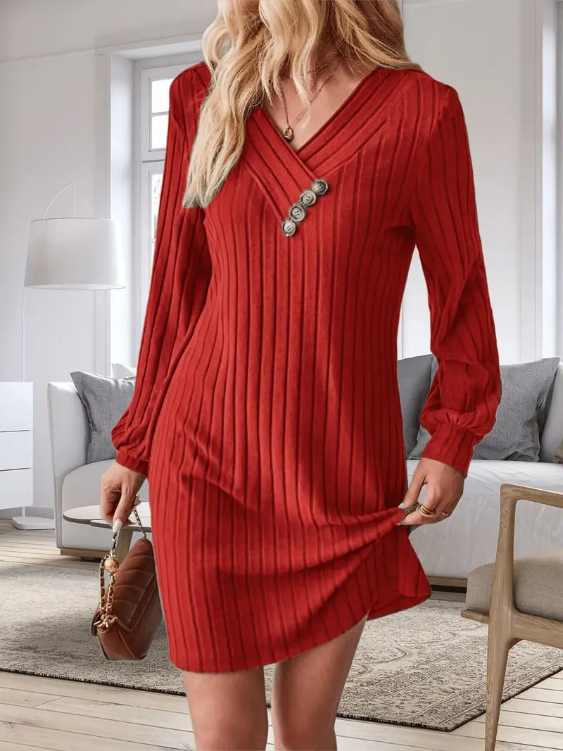 Elegantes Damen Röhrenkleid mit V-Ausschnitt und Dekorationsknöpfen