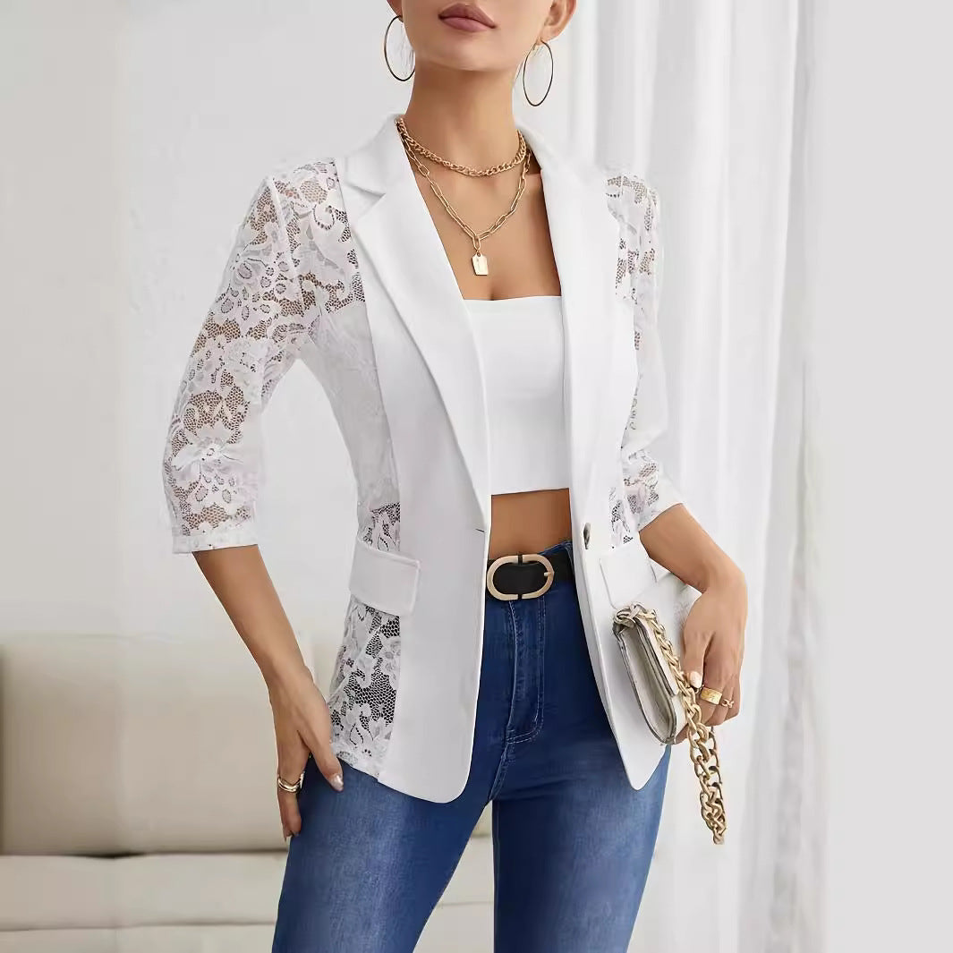 Damen Blazer Elegant Spitze Ärmel Slim Fit