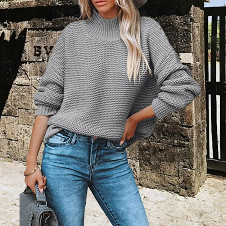 Damen Pullover Weich Strickmuster Hochkragen
