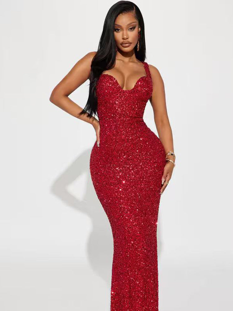 Damen Abendkleid Pailletten Glamour Schwarz