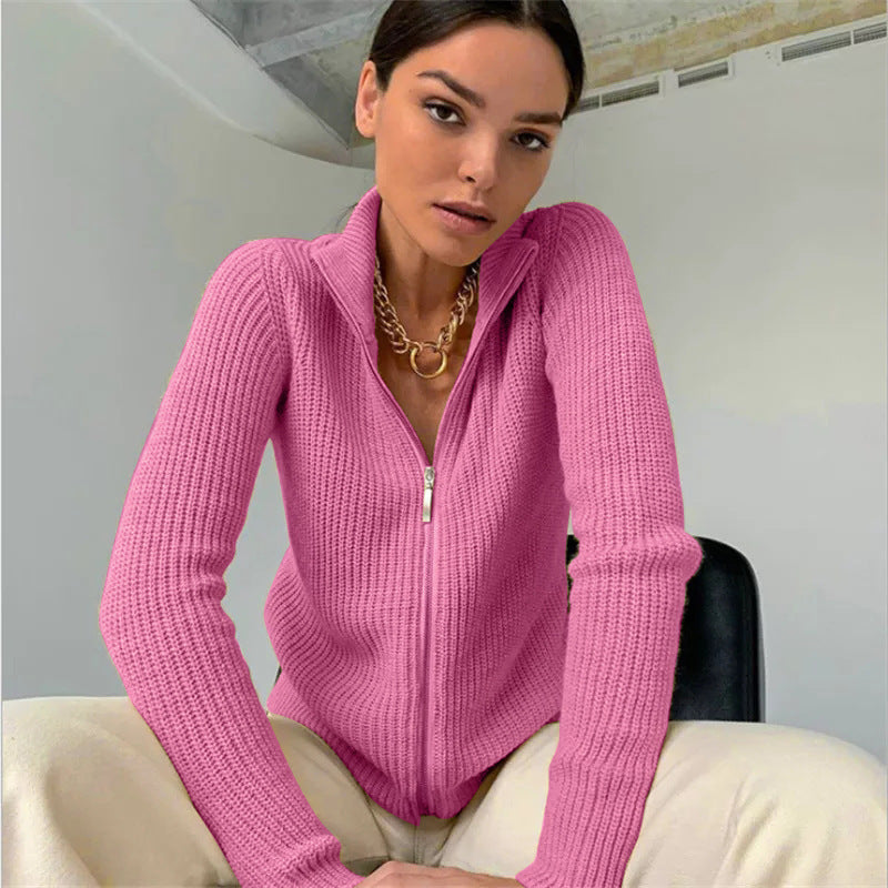 Damen Strickjacke Hochkragen Modern Schnellverschluss
