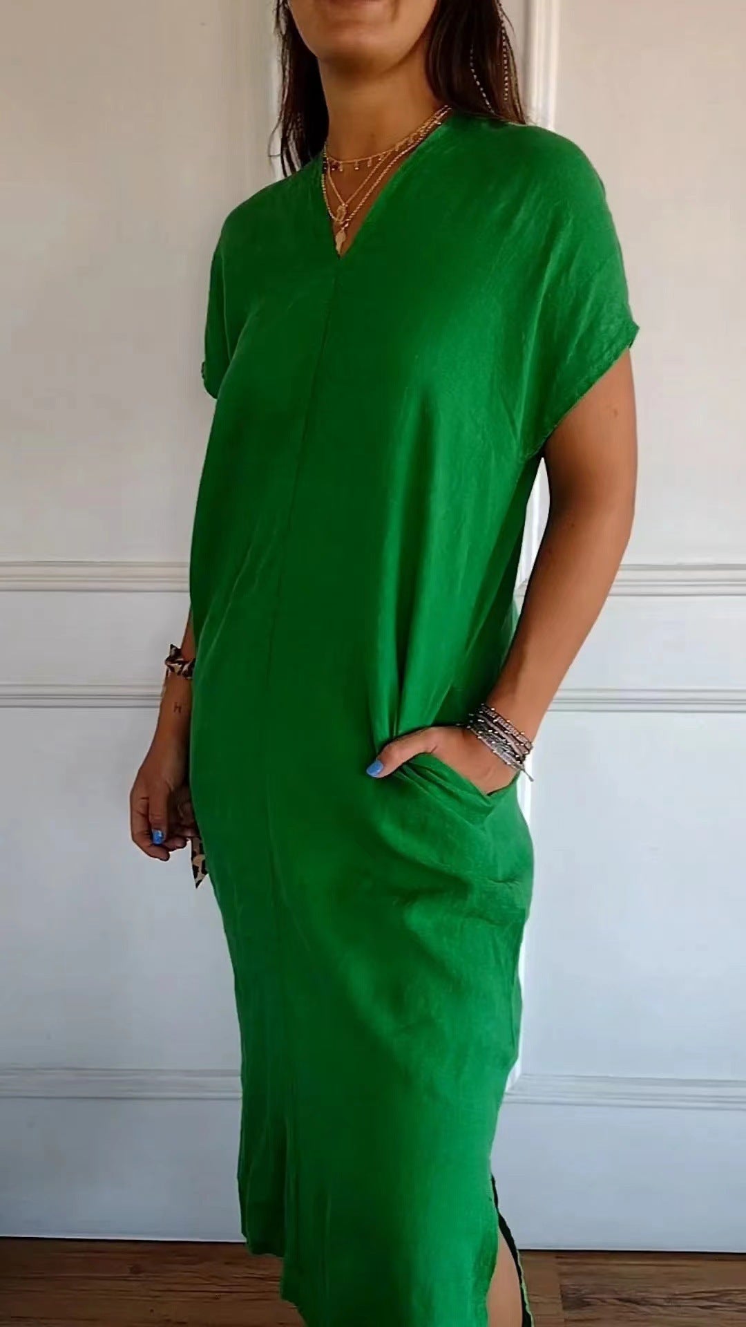 Sommerkleid Damen Viskose Leinen Elegant V-Ausschnitt