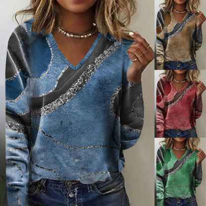 Damen Langarmshirt V-Ausschnitt Wellenmuster Modern Style - IdealeKleiden