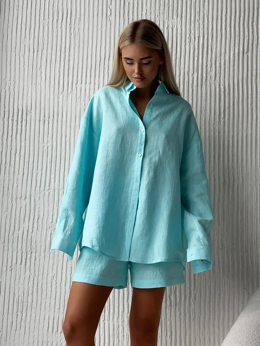 Damen Leinen Outfit Sommer Set
