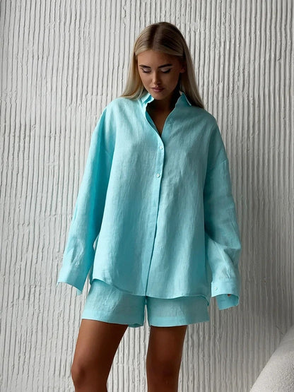 Damen Leinen Outfit Sommer Set