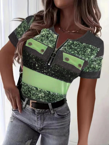 Damen Sporttop Kurzarm mit Reißverschluss und Deko-Bändchen