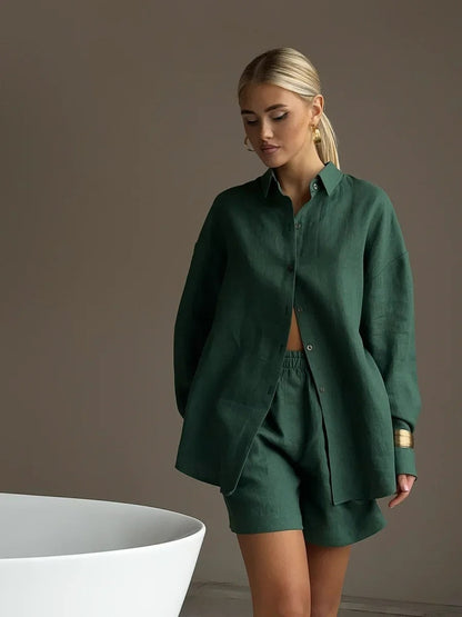 Damen Leinen Outfit Sommer Set