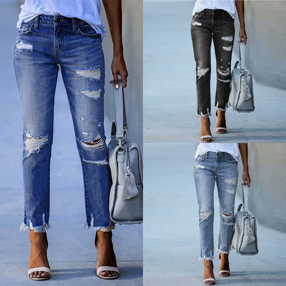 Damen Ripped Jeans Trendy Fransen - IdealeKleiden