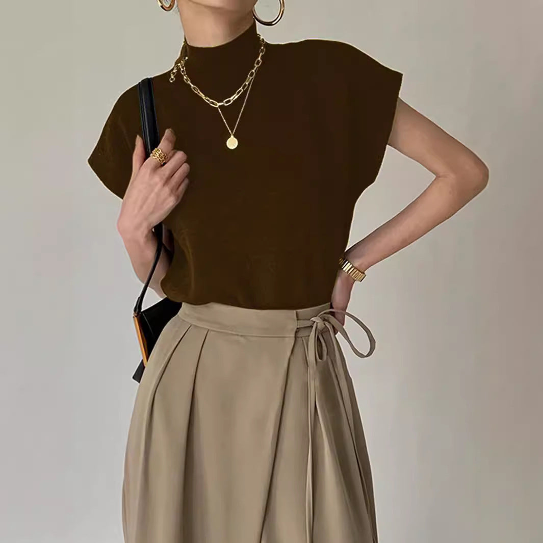 Damen Top Kurzarm Elegant Stehkragen