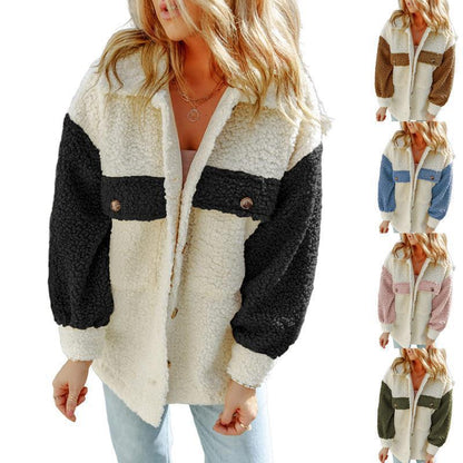Weiche Damen Teddyjacke Kontrast Ärmel Winter - IdealeKleiden