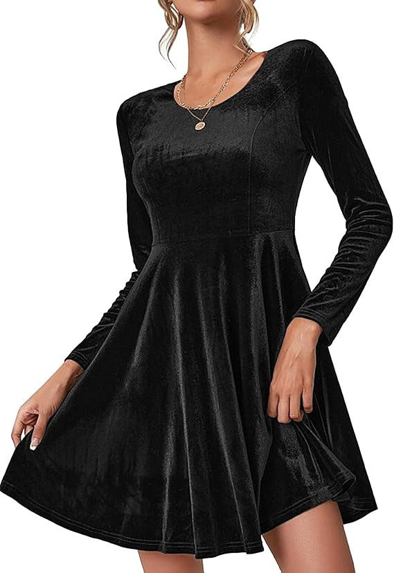 Damen Elegantes A-Linien Kleid Samt Stoff Schwarzes Abendkleid