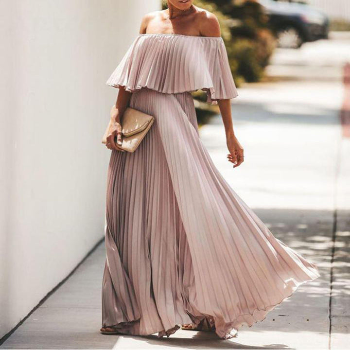 Damen Maxikleid Schulterfrei Plissiert Elegant