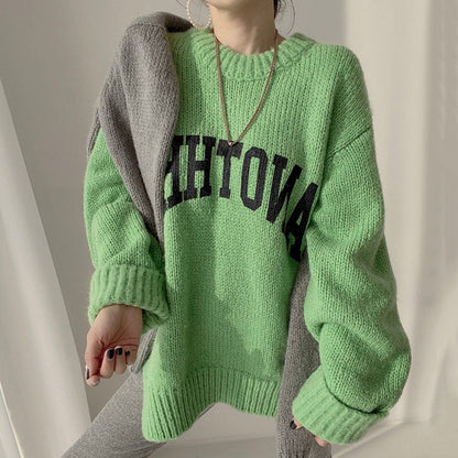 Damen Oversized Pullover Großes Logo Trendy Strickmuster
