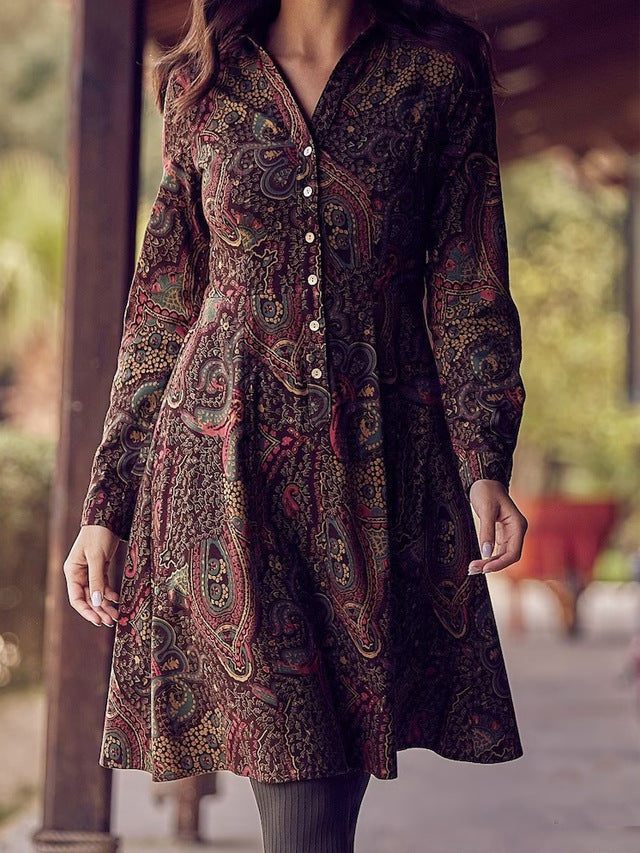Damen Hemdblusenkleid Paisley Muster Elegant Knöpfe