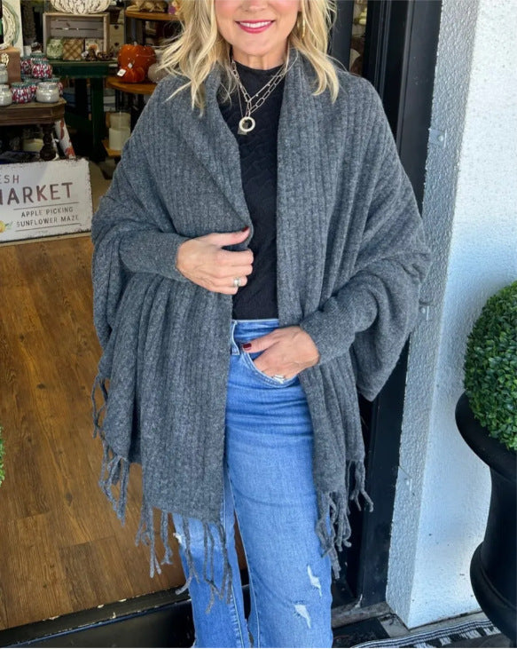 Damen Poncho Mit Fransen Elegant Überwurf