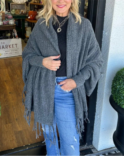 Damen Poncho Mit Fransen Elegant Überwurf