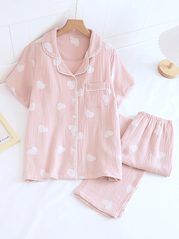 Damen Schlafanzug Set Herz Muster Elegant - IdealeKleiden
