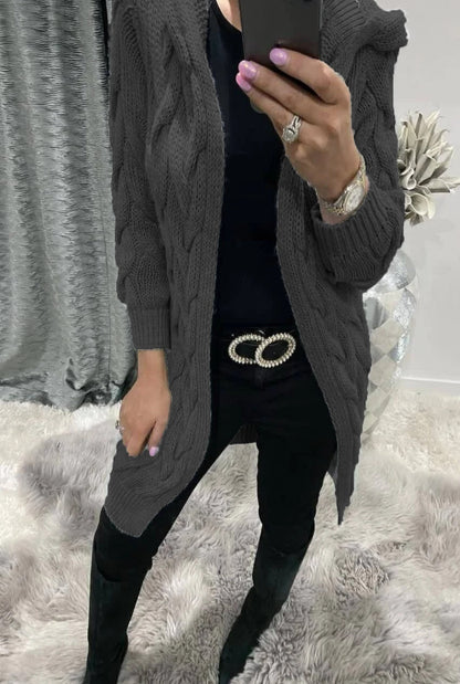 Damen Strickjacke Lang Zopfmuster Elegantes Design