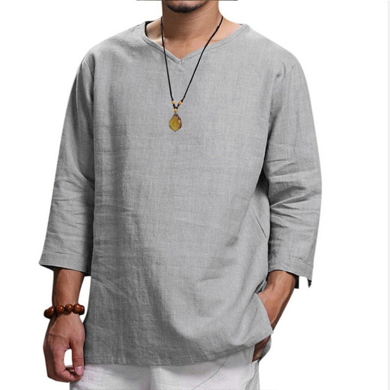 Herren Leinenhemd Sommer V-Ausschnitt Bequem