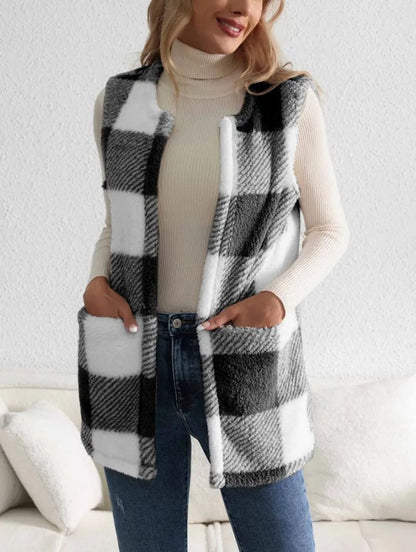Damen Plaidweste Weich Gemütlich Mit Taschen