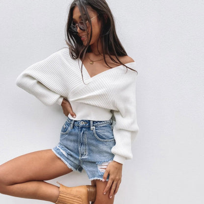 Damen Pullover Lässig V-Ausschnitt Breite Ärmel