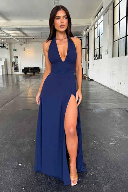 Damen Maxikleid Elegant V-Ausschnitt und Hochschlitz