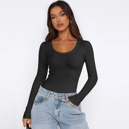 Damen Langarmtop Feinripp Rundhals Elegant