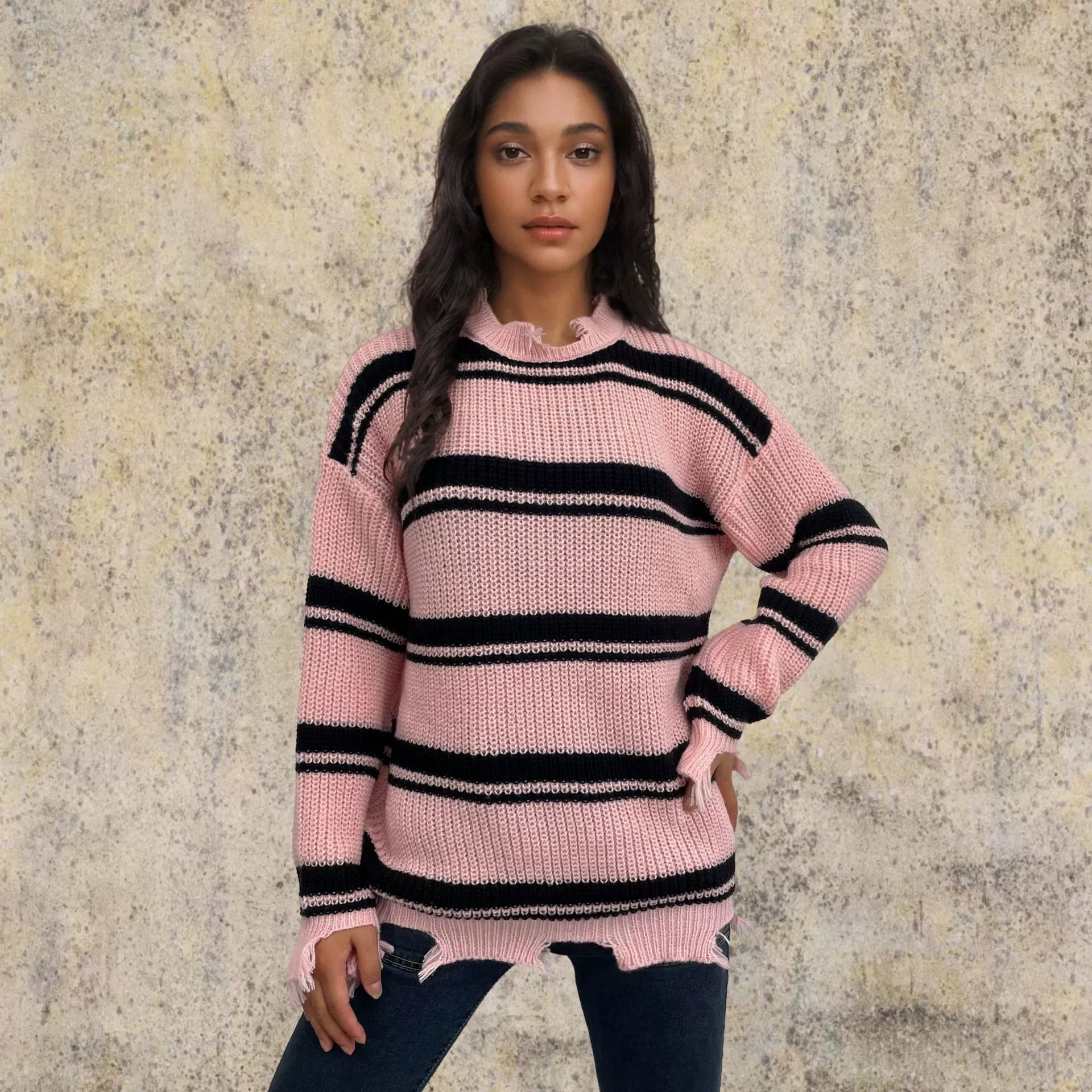 Übergröße Pullover Gestrickt Wolle Kontraststreifen - IdealeKleiden