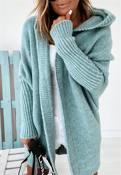 Damen Strickcardigan Kapuze Weite Ärmel Bequem