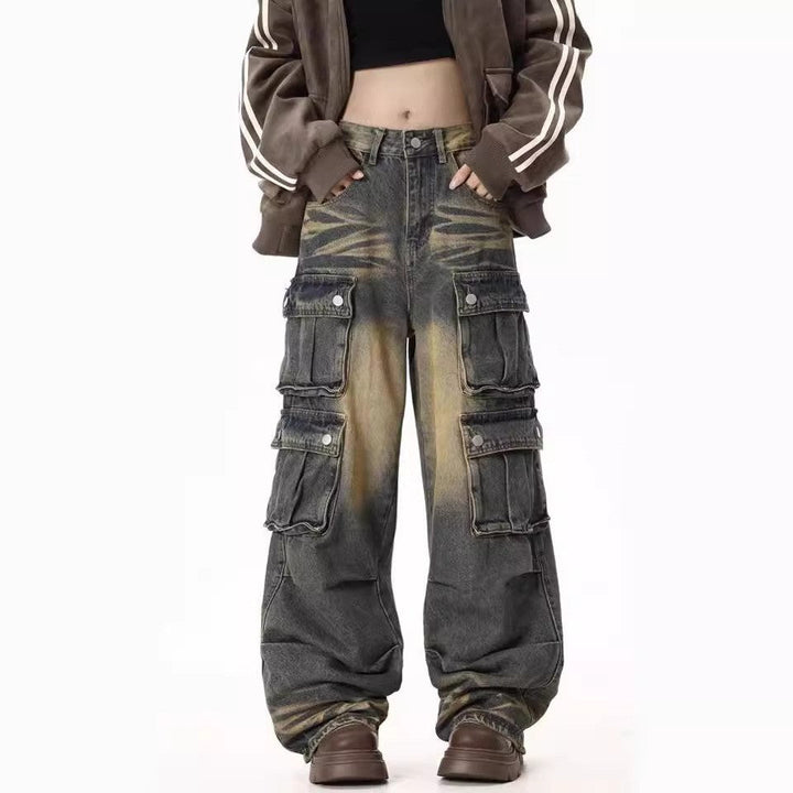 Damen Cargo-Jeans Bequem Weite Bein Seitentaschen