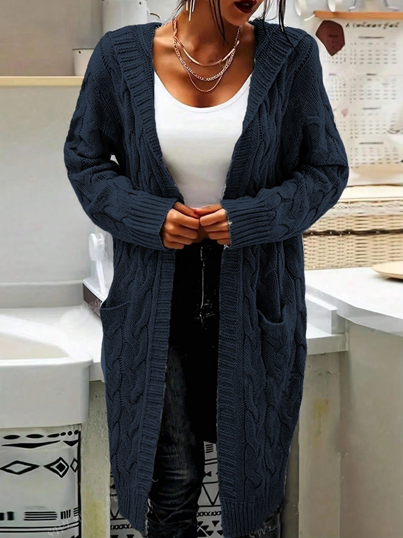 Damen Strickjacke Lässig Lang Große Taschen