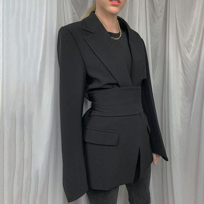 Damen Blazer Lang Elegant Schnitt Mit Taschen