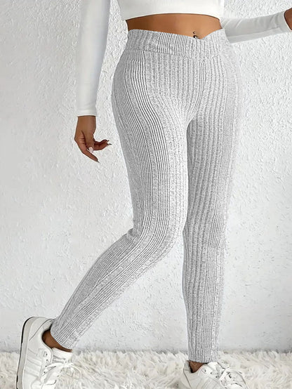 Damen Strickleggings Hoch tailliert mit Feinrippen