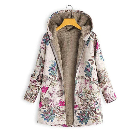 Kapuzenmantel Damen Plüschfutter Floral Design Locker Sitz - IdealeKleiden