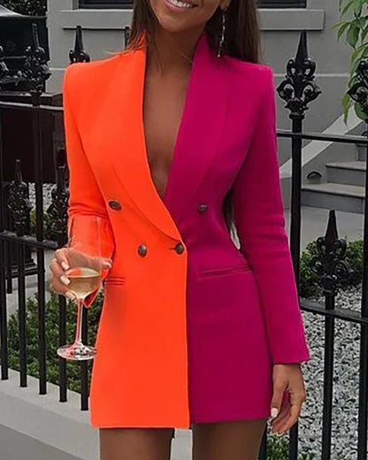 Frauen Blazer Kleid Taillierte Passform Zweifarbig V-Ausschnitt