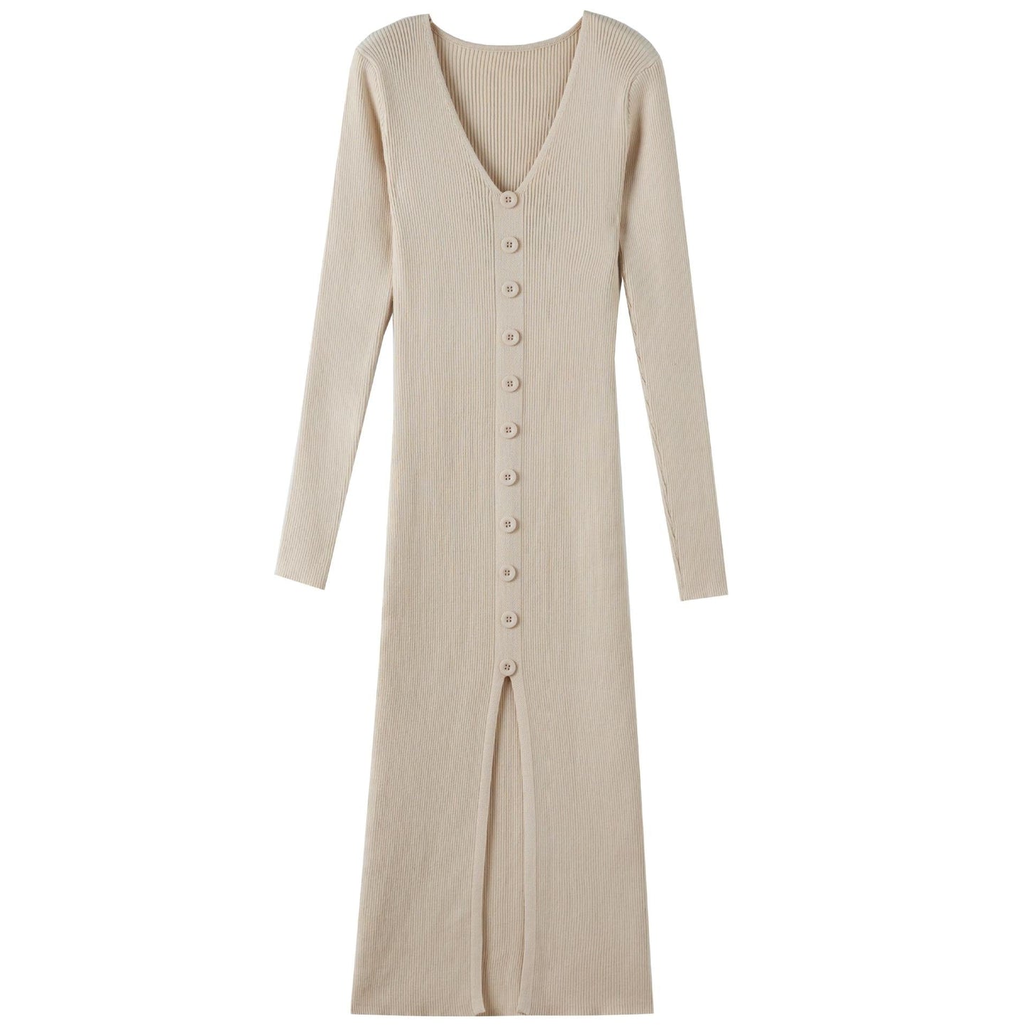 Damen Maxikleid Langarm Rippmuster Elegant Knopfdesign