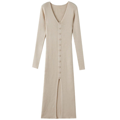 Damen Maxikleid Langarm Rippmuster Elegant Knopfdesign