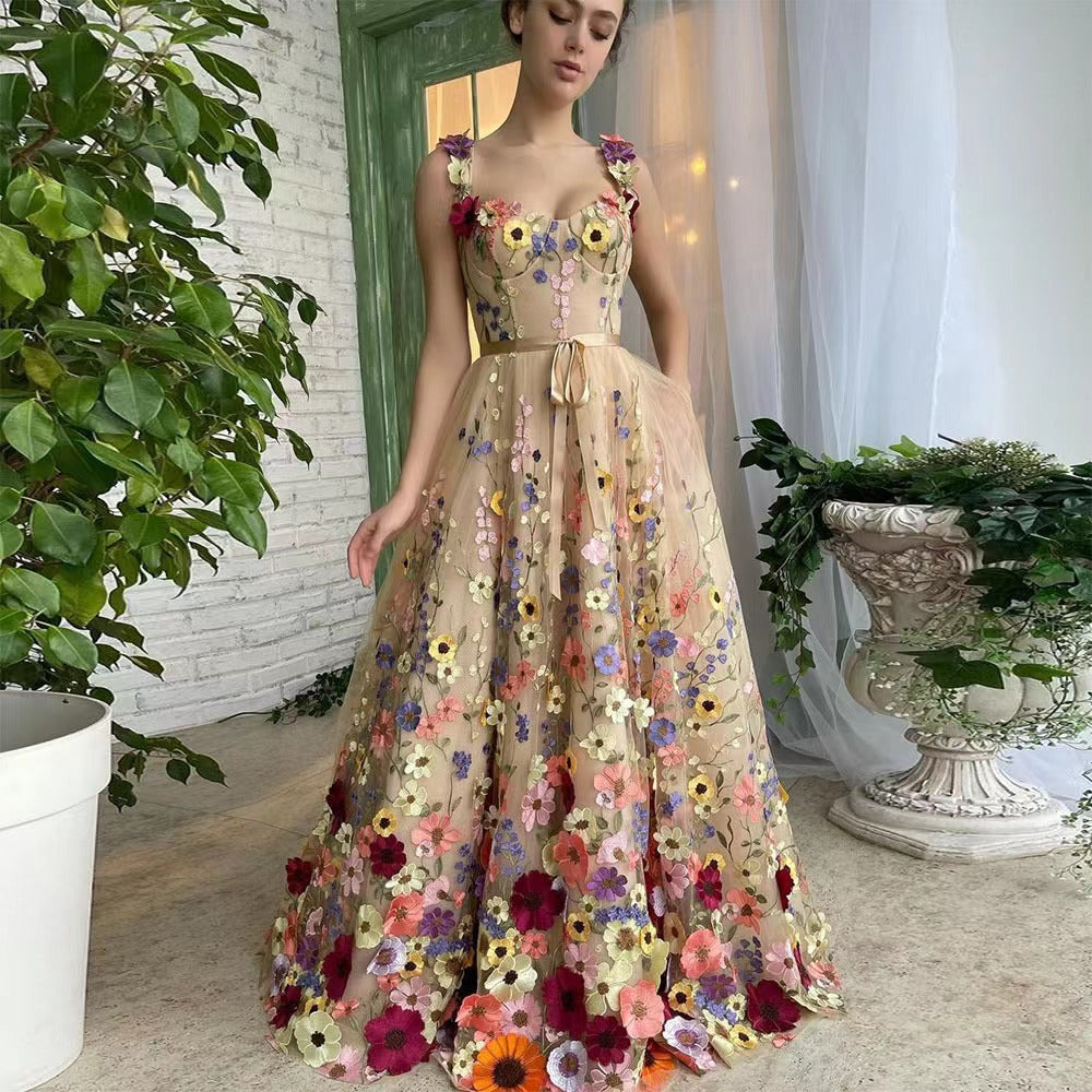 Damen Tüllkleid Blumenmuster mit Taillengürtel Elegant A-Linie
