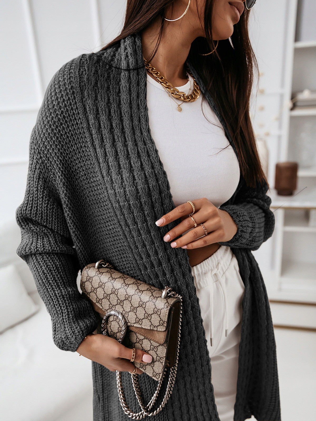Langarm Strickjacke Wollig Locker Geschnürt