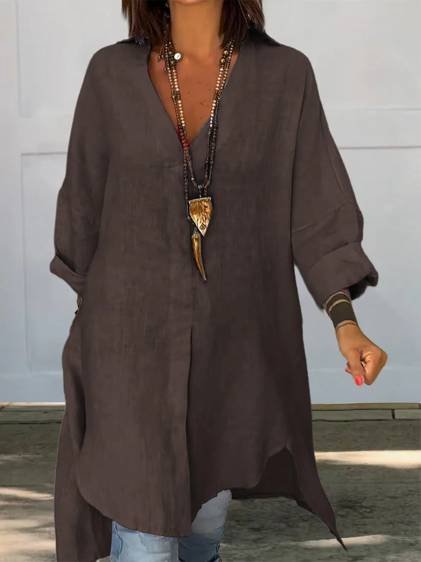 Damen Leinen Tunika Elegant Asymmetrisch Schnitt