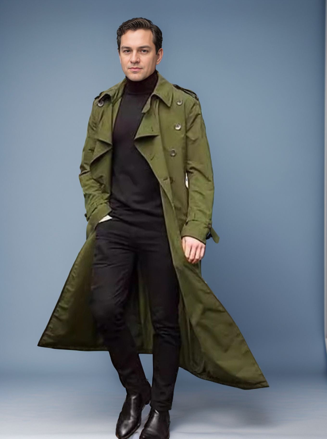 Herren Trenchcoat Lang Elegant Mit Taschen