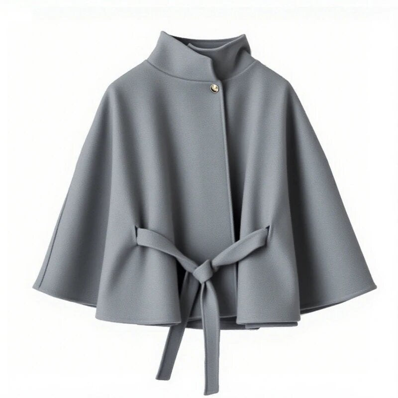 Damen Umhangjacke Elegant Bindegürtel Hochschloss