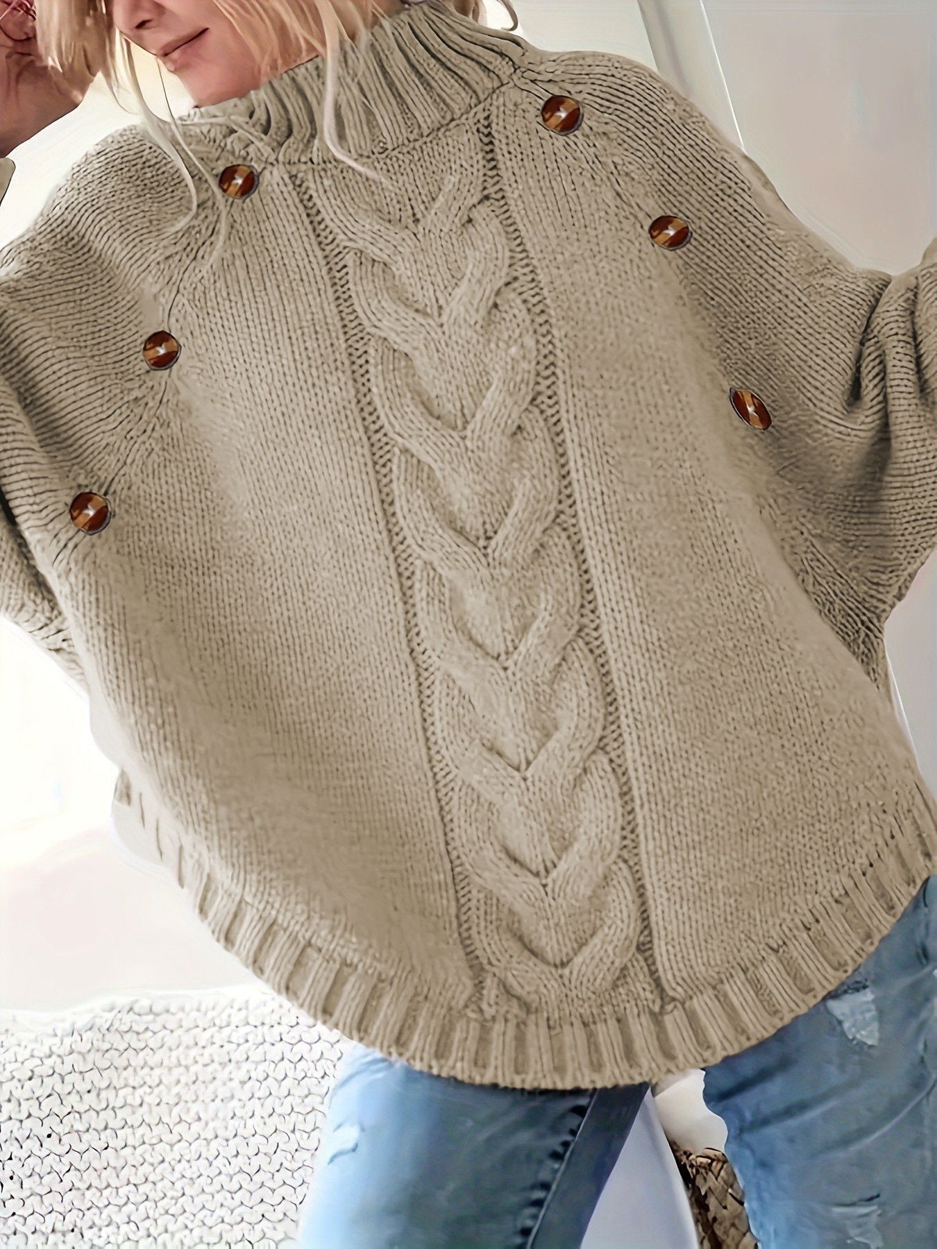 Damen Strickpullover Oversized Hochkragen Elegant